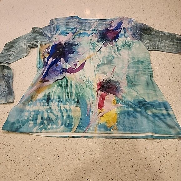 chicos size 1 M Blue Floral Shirt Top Lace Sleeves - Picture 7 of 7